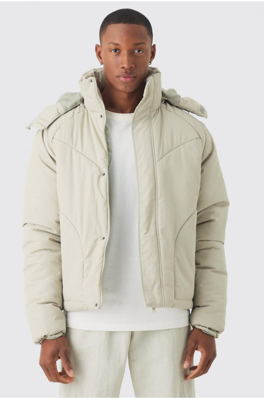 Сірий пуховик із стьобаним капюшоном