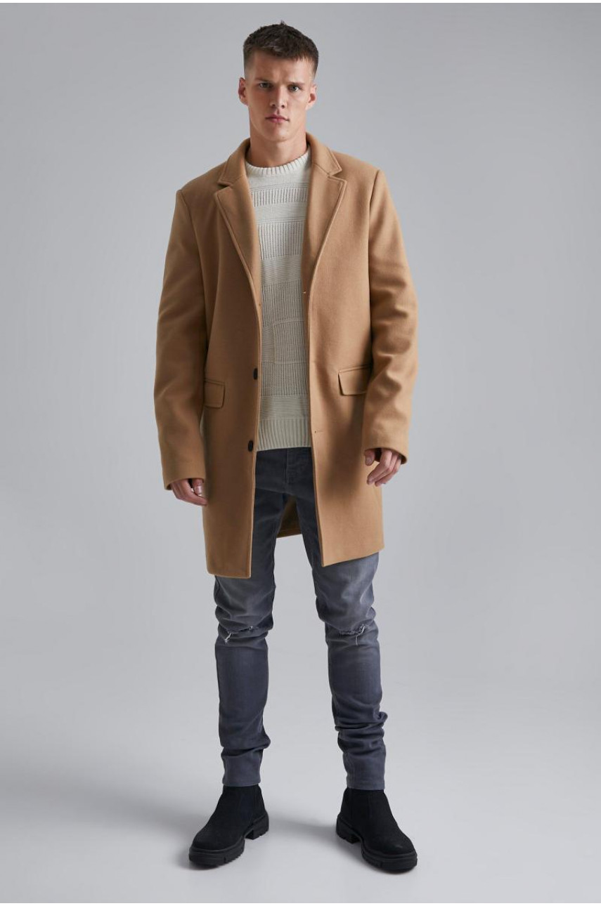Високе однобортне вовняне пальто кольору Camel