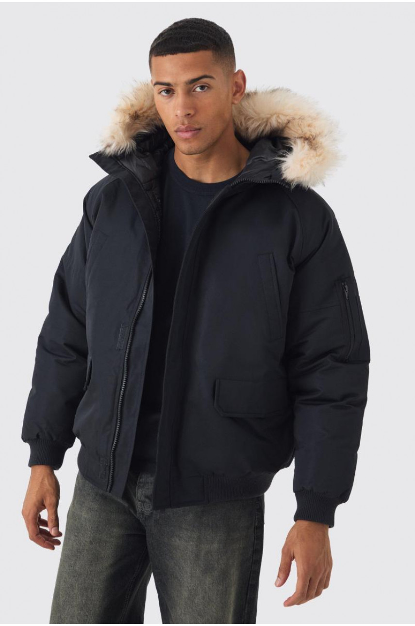 Чорна парка з капюшоном і знімною обробкою зі штучного хутра