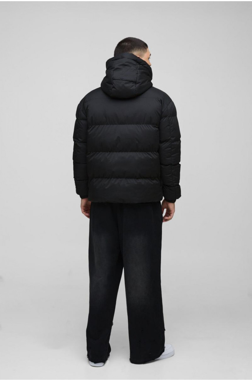 Офіційний чорний пуховик із тисненням і капюшоном