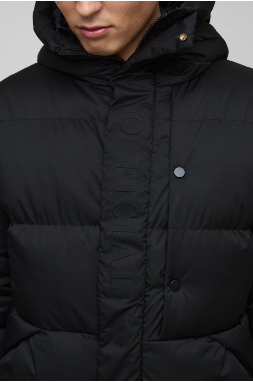 Офіційний чорний пуховик із тисненням і капюшоном