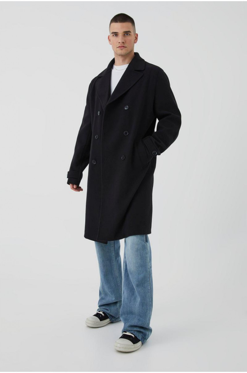 Високе двобортне вовняне пальто чорного кольору