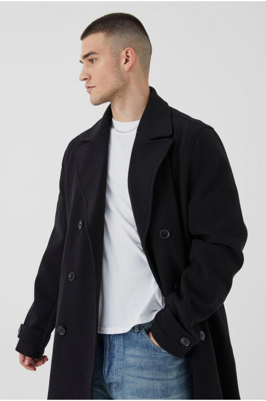 Високе двобортне вовняне пальто чорного кольору