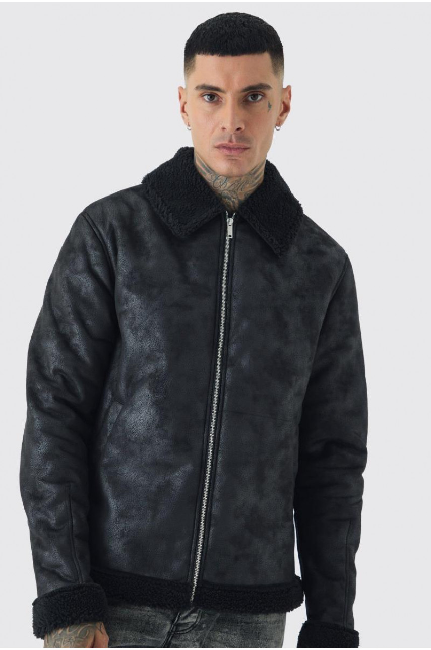 Висока чорна замшева куртка-авіатор