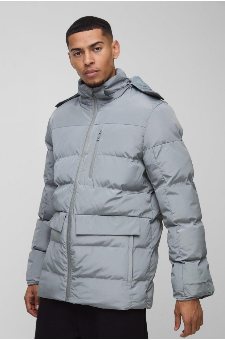 Пуховик середньої довжини з капюшоном сірого кольору