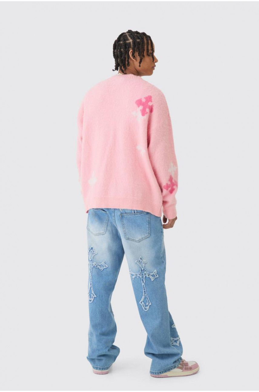 Мішкуваті світло-блакитні джинси з жорсткою хрестовою аплікацією